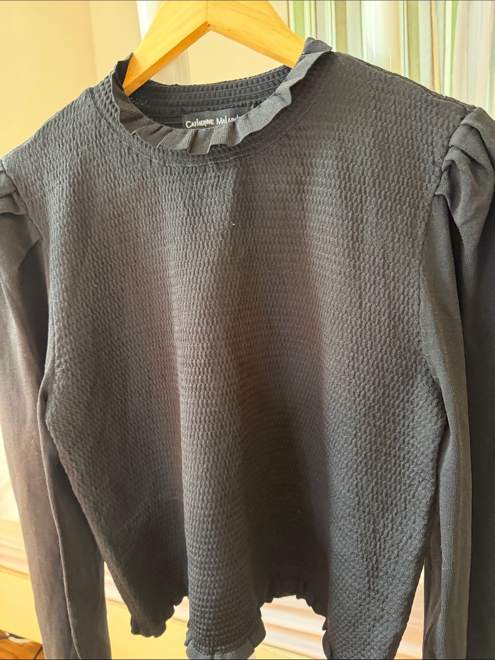 Catherine Malandrino Black Long-Sleeve Textured Ruffle Neck Top